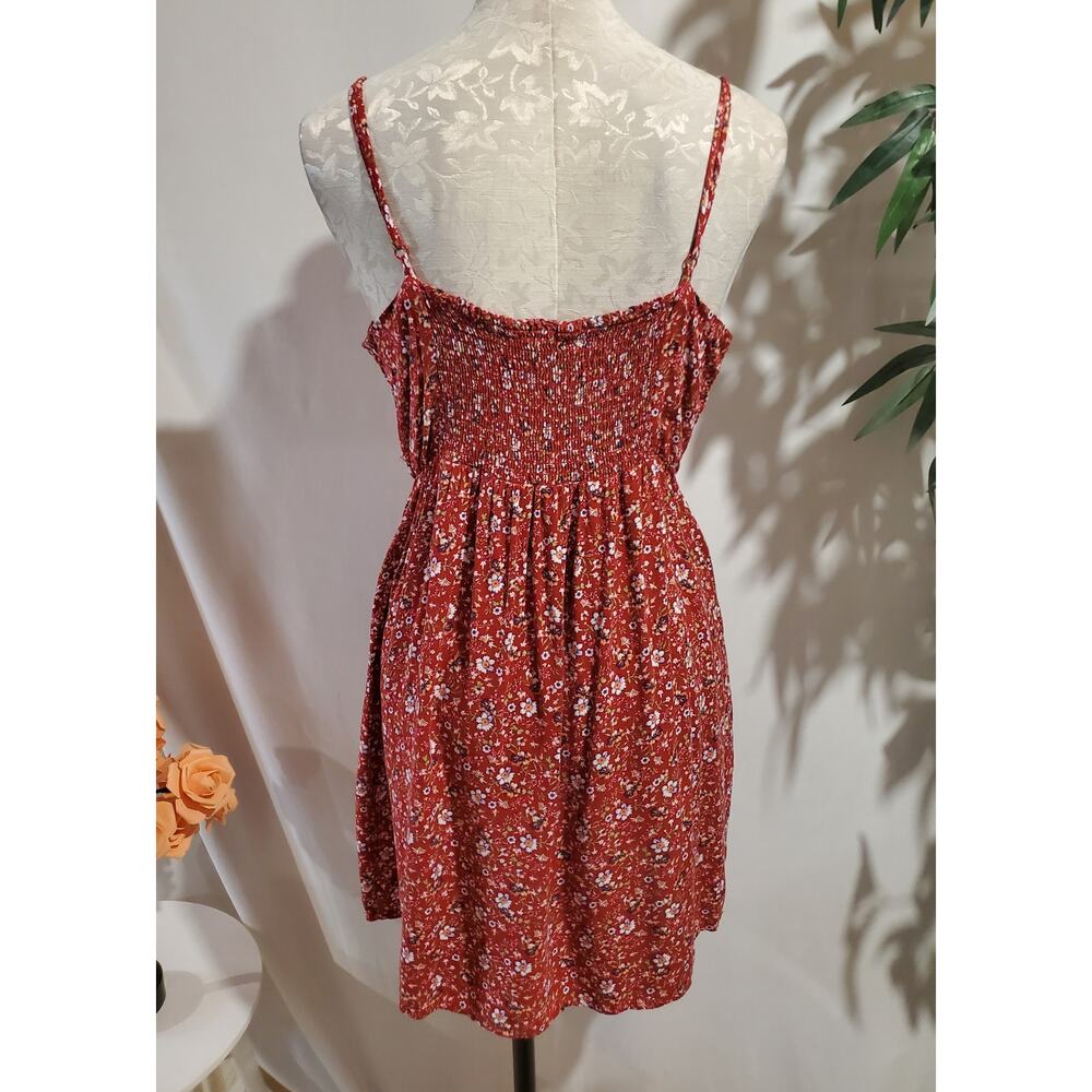 Vtg 90s Y2K Justify Floral Smocked Button Dress Junior Sz L Red Cottage Pockets - Picture 3 of 12